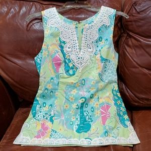 Lilly Pulitzer Top Peacocks and Lace edges